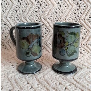 Vintage Tonala Mexican Pottery Footed Mugs Floral Hand Painted Gray Set of 2